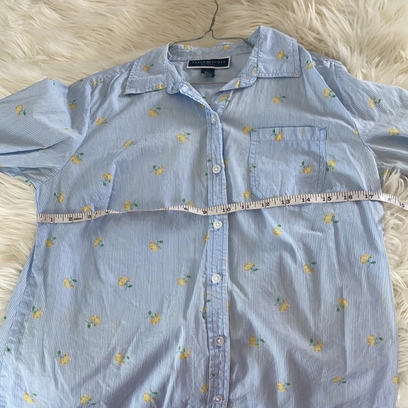 Karen Scott blue white pink striped yellow rose floral printed button front top - Picture 15 of 17